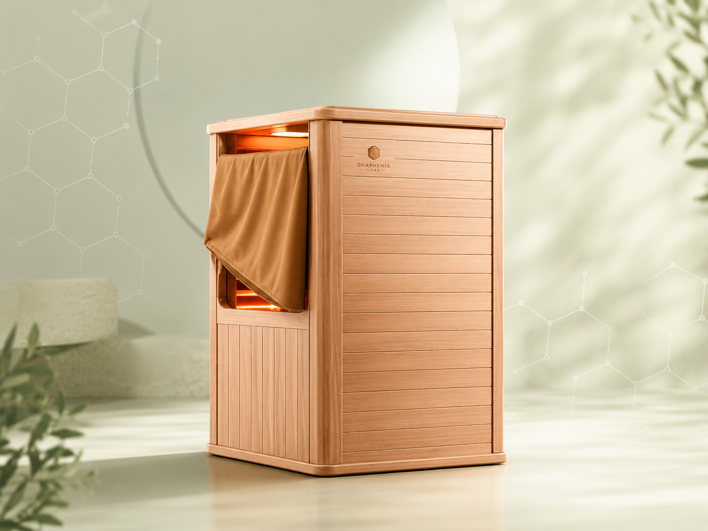 Graphenix Labs Graphene Far Infrared Wellness Cabin — wooden cabin with warm far infrared glow
